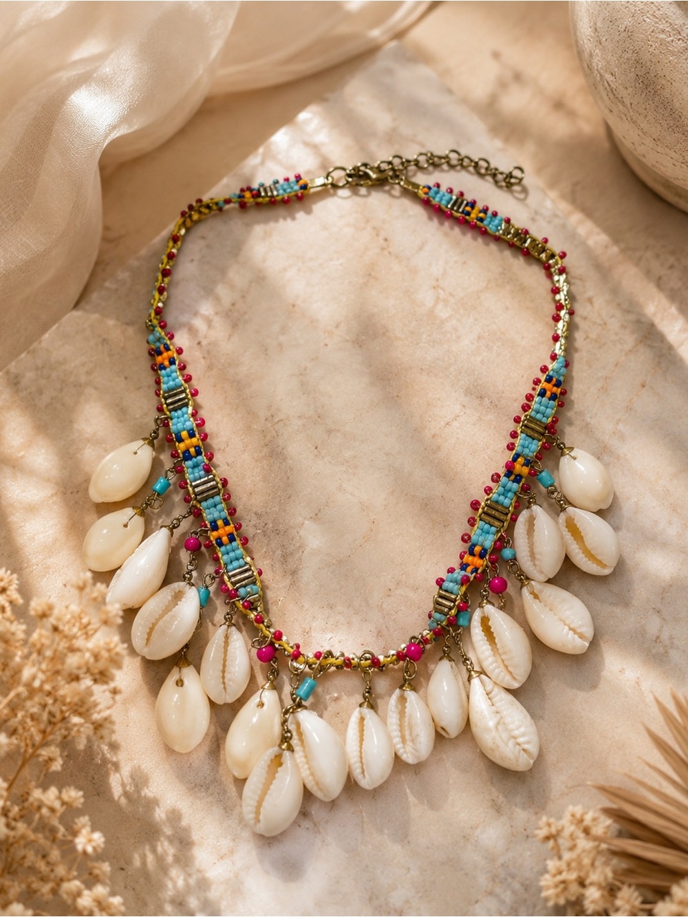 Boho Cowrie Shell Statement bib Necklace Colorful Beaded Tribal Festival